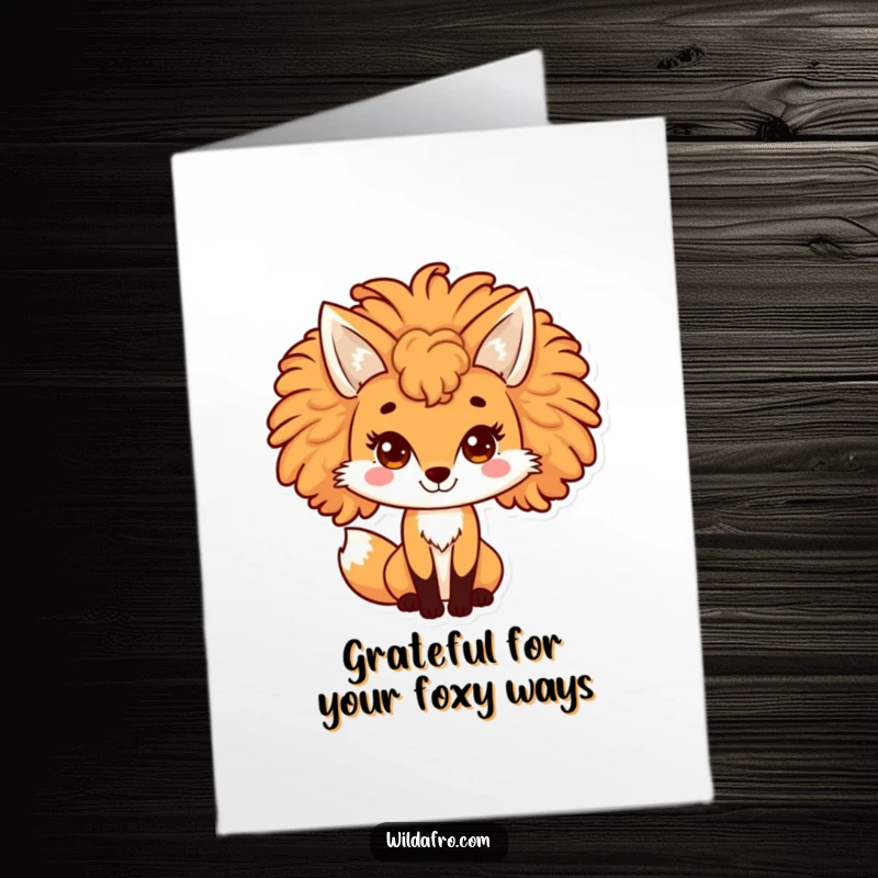 Funny Free Printable Thank You Card: A playful fox with a large afro mane, giving a wink.