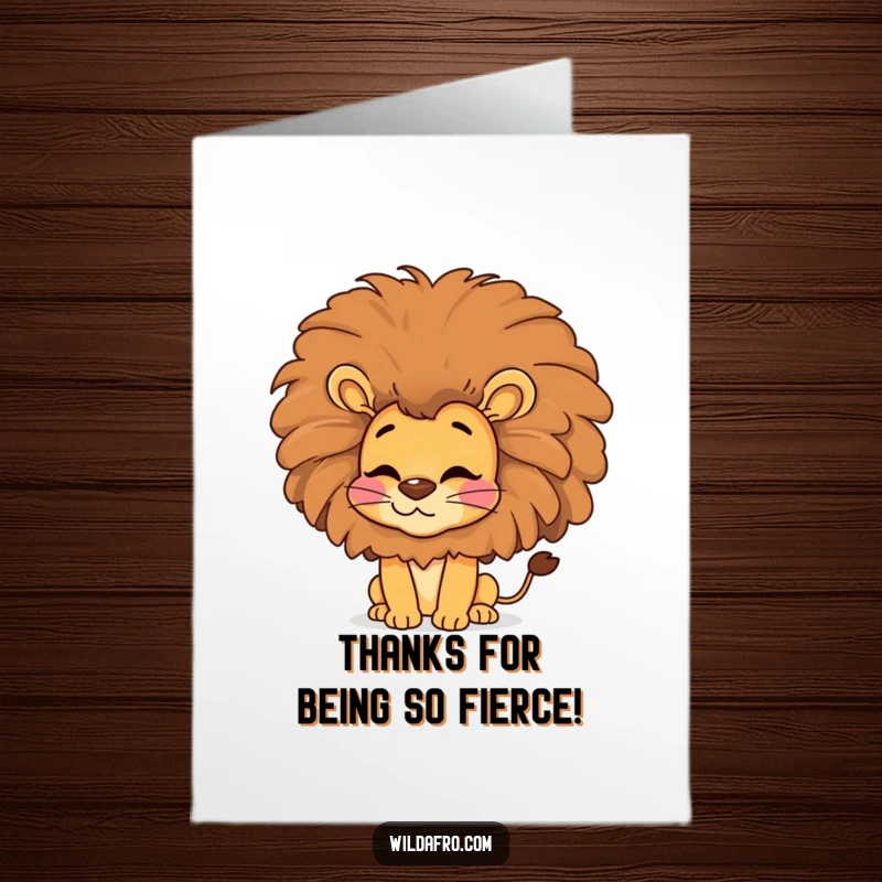 Funny Free Printable Thank You Card: A happy lion with a voluminous afro sends a kiss.