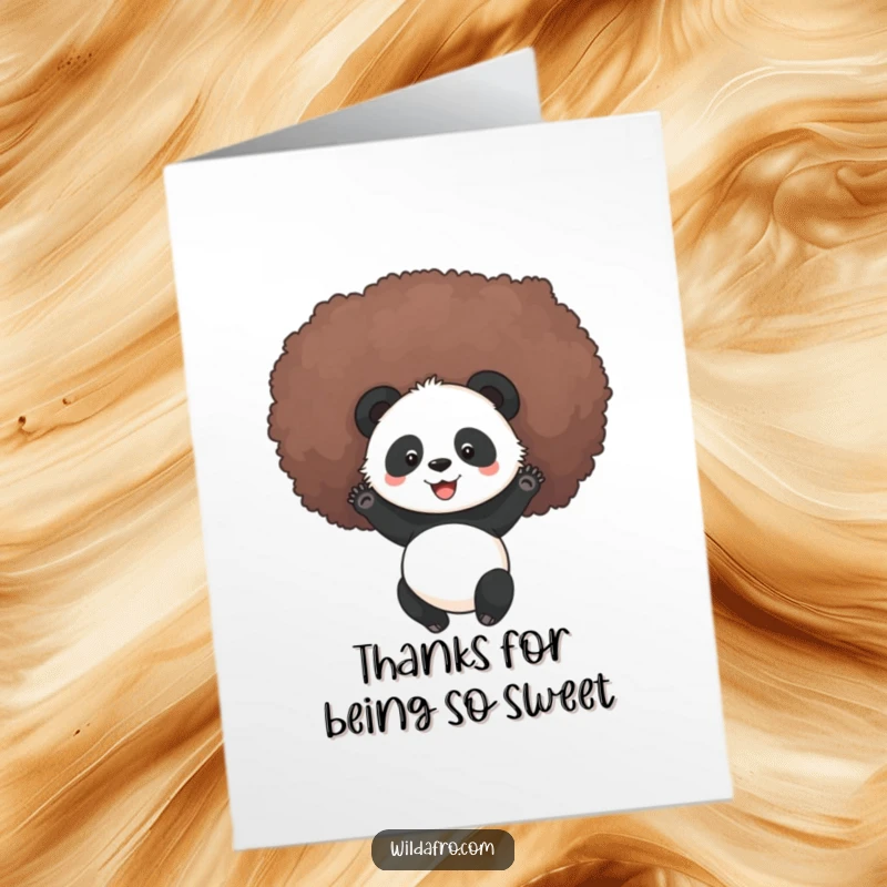 Funny free printable thank you card with a happy panda rolling playfully inside a giant, soft afro.
