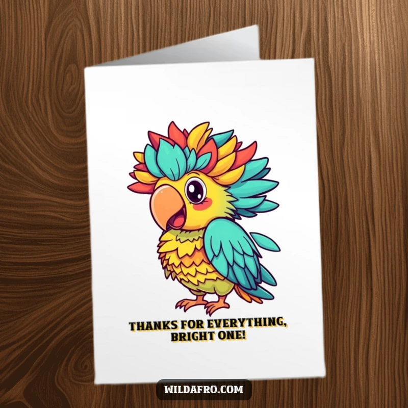 Funny Free Printable Thank You Card: A proud parrot with a vibrant afro squawks in appreciation.