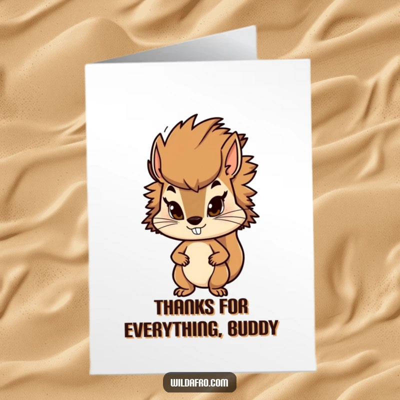 Funny Free Printable Thank You Card: A determined squirrel sporting a stylish, bushy afro, giving thanks.