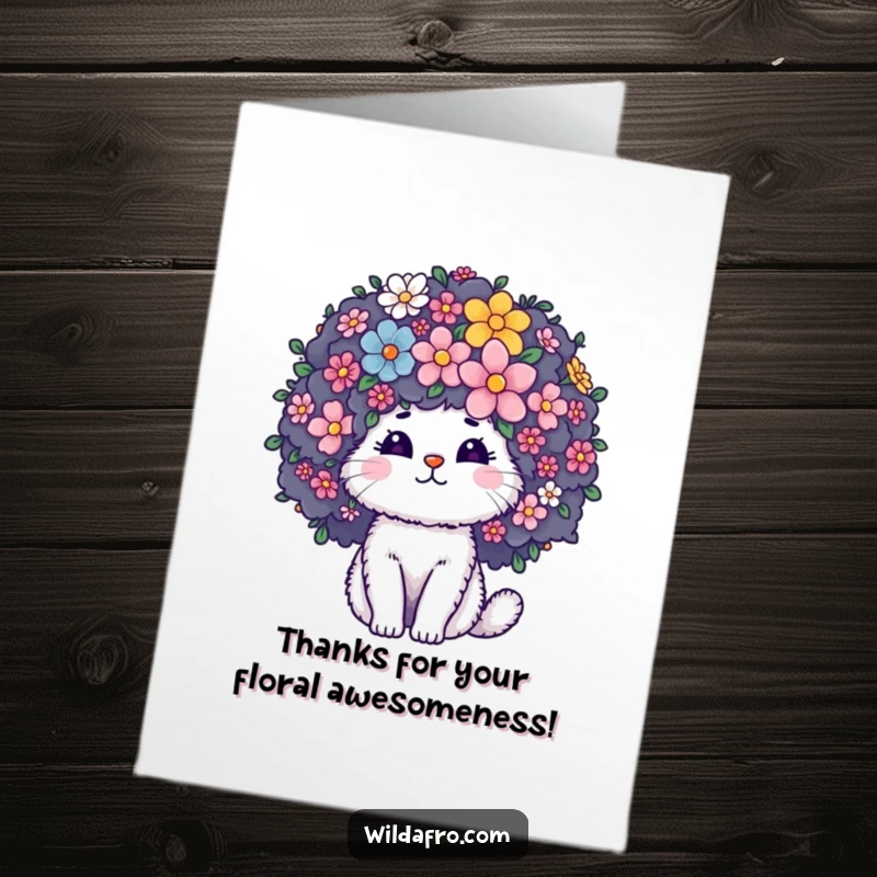 Funny Free Printable Thank You Card: Fluffy cat with a giant, curly afro blooming with flowers, showing appreciation.