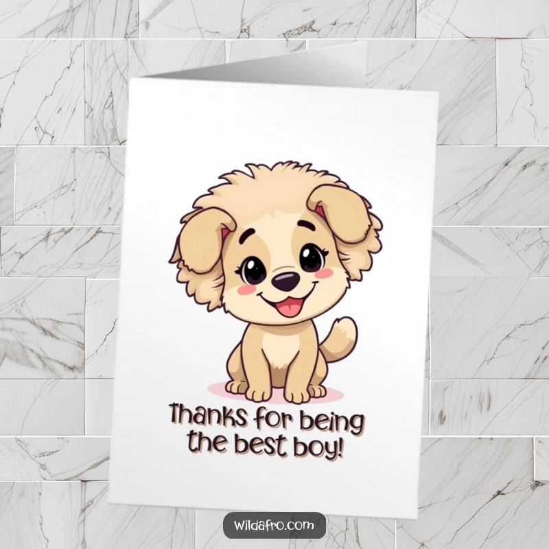 Funny Free Printable Thank You Card: Happy dog with a bouncy afro wagging its tail gratefully.