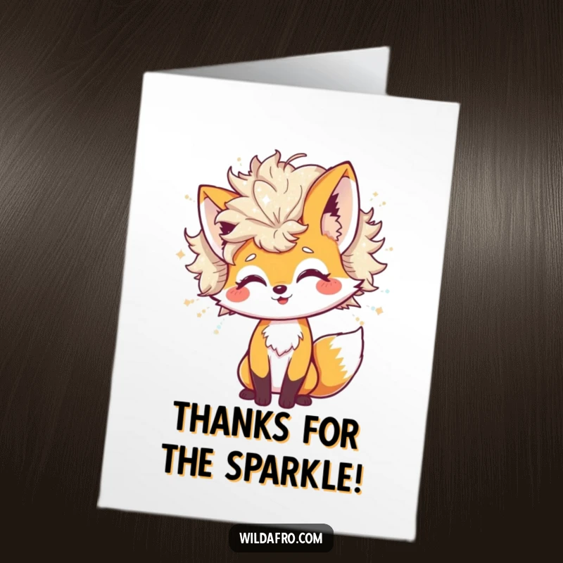 Funny Free Printable Thank You Card: Cheerful fox playfully shaking a large afro that sheds glitter, expressing thanks.