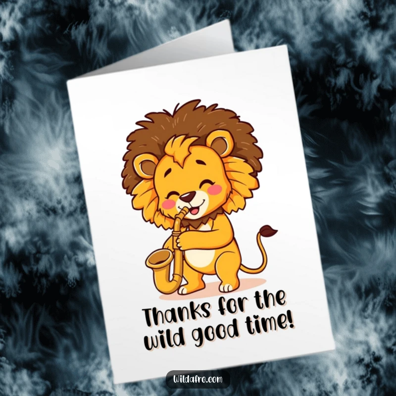 Funny Free Printable Thank You Card with a lion in an afro playing a saxophone expressively.