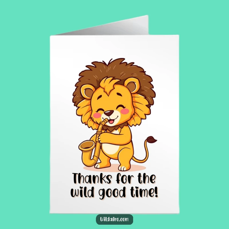 Free Printable Thank You Card: Groovy Lion Afro Sax - Downloadable