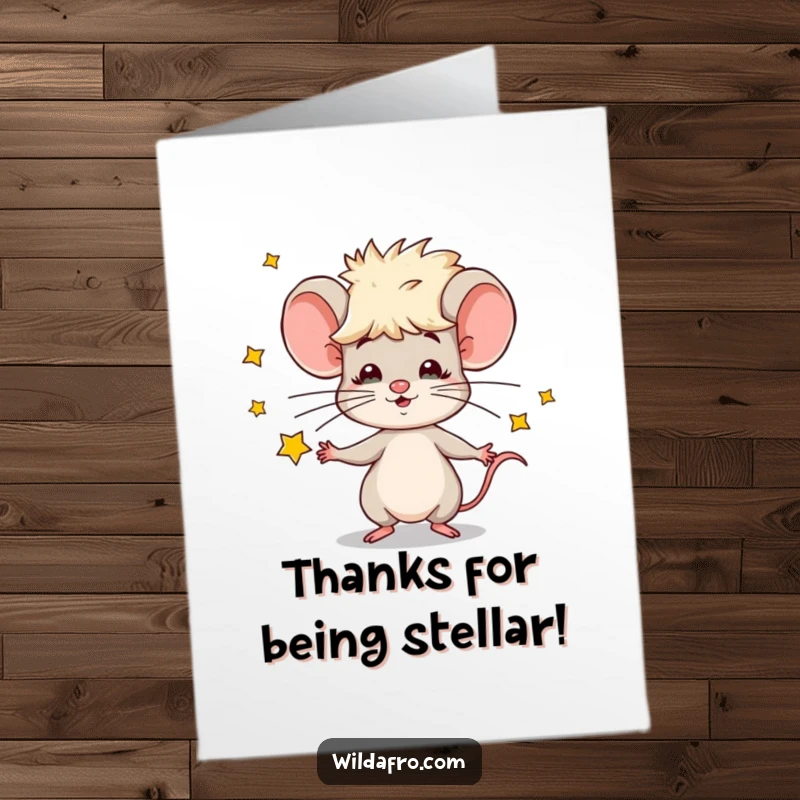 Funny Free Printable Thank You Card: A cool mouse sporting an afro juggles glowing stars, offering heartfelt thanks. A unique downloadable gift.