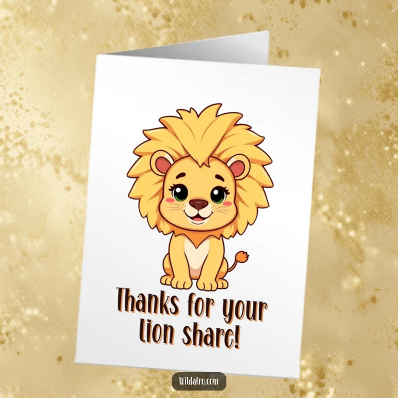 Funny Free Printable Thank You Card: A cheerful lion character proudly showing off a magnificent, playful afro mane, a stylish thank you.