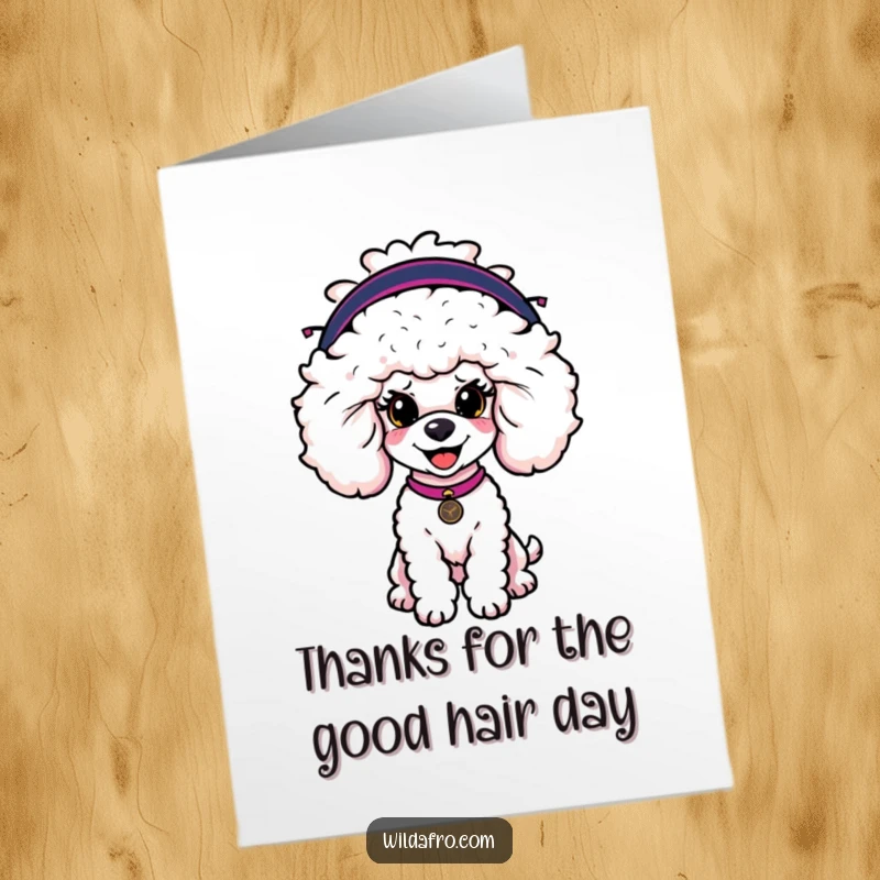 Funny Free Printable Thank You Card: A happy poodle character flaunts an oversized, fashionable afro wig, expressing heartfelt thanks with a grin.