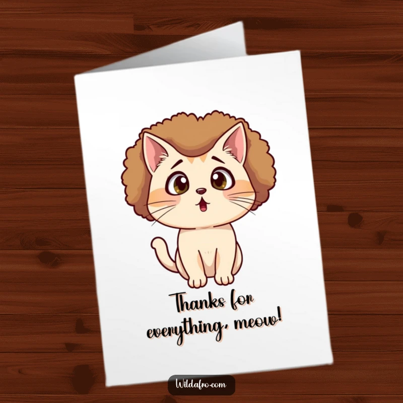 Funny Free Printable Thank You Card: A surprised cat with an afro hairstyle shows its shock.