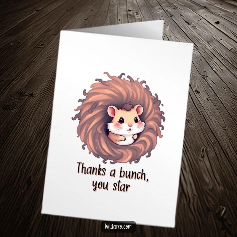 Funny Free Printable Thank You Card: A curious hamster peeking from a swirly afro hairdo.