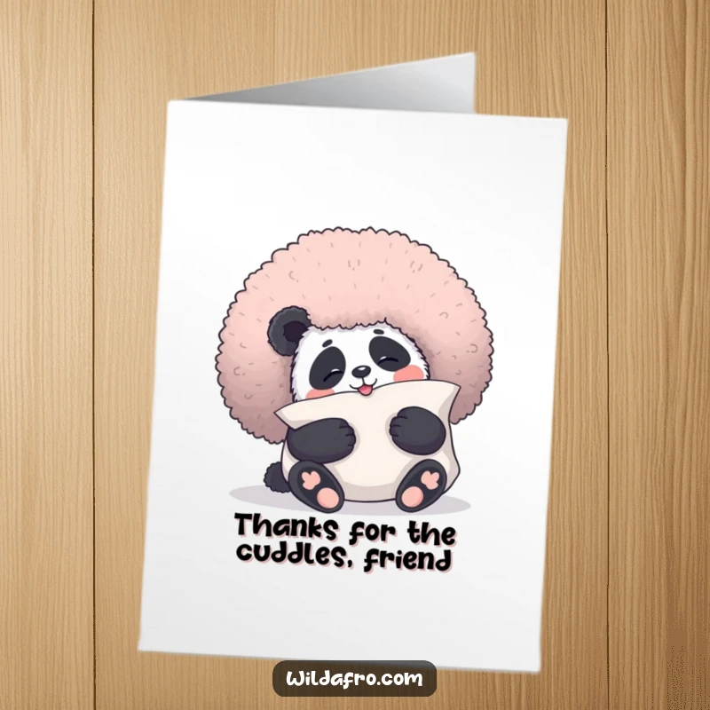 Funny Free Printable Thank You Card: Giggling panda bear snuggling a giant, fluffy afro pillow.