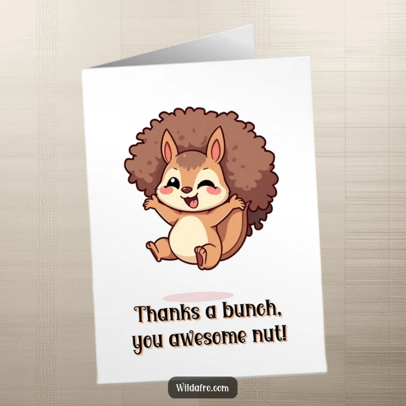 Funny Free Printable Thank You Card: A squirrel with a prominent spiraled afro leaping joyfully to say thank you.