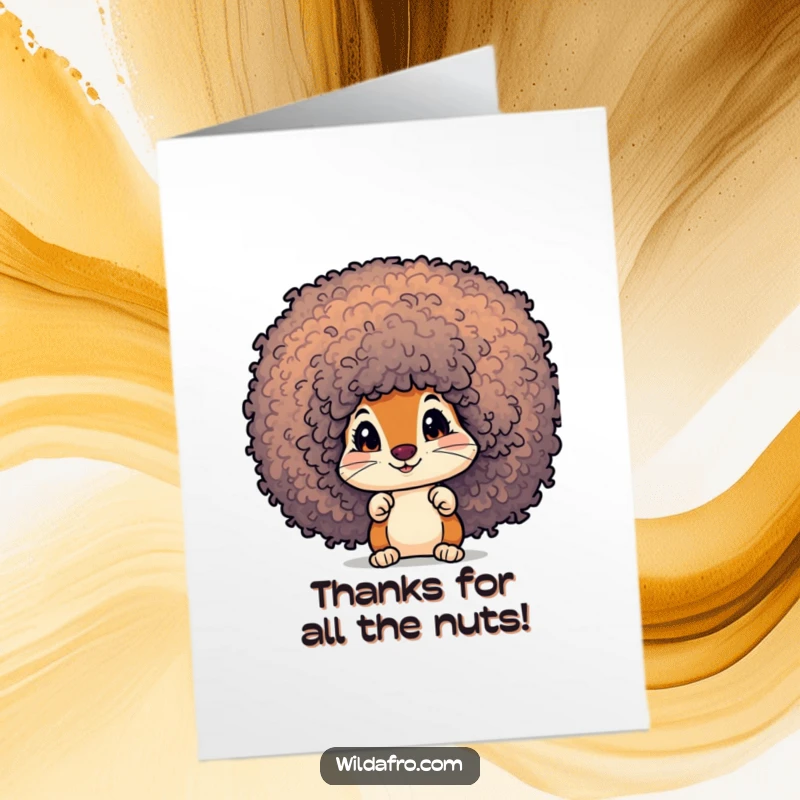 Funny Free Printable Thank You Card of a curious squirrel peeking out from a vibrant, textured afro.