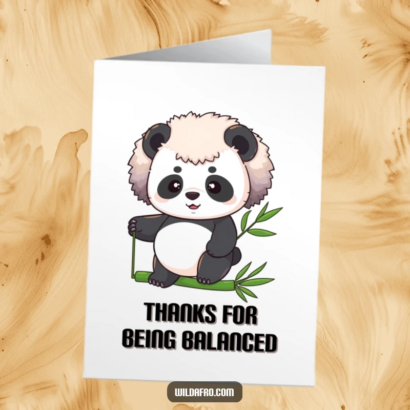 Funny Free Printable Thank You Card: An afro panda looking determined while balancing expertly on a thin bamboo pole.