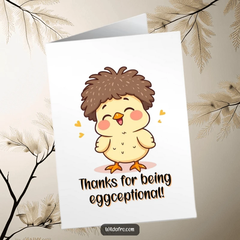 Funny Free Printable Chick Thank You Card: Giggling chick with a tiny afro happily chirping, offering a sweet and thankful greeting.