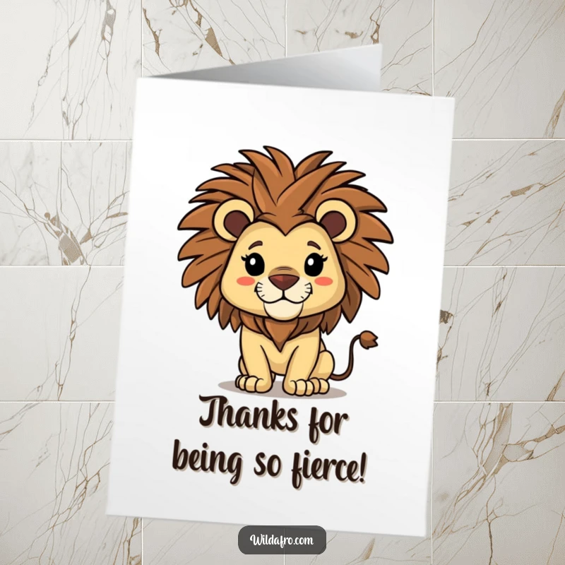 Funny Free Printable Thank You Card featuring a proud lion with a large afro shaking its mane.
