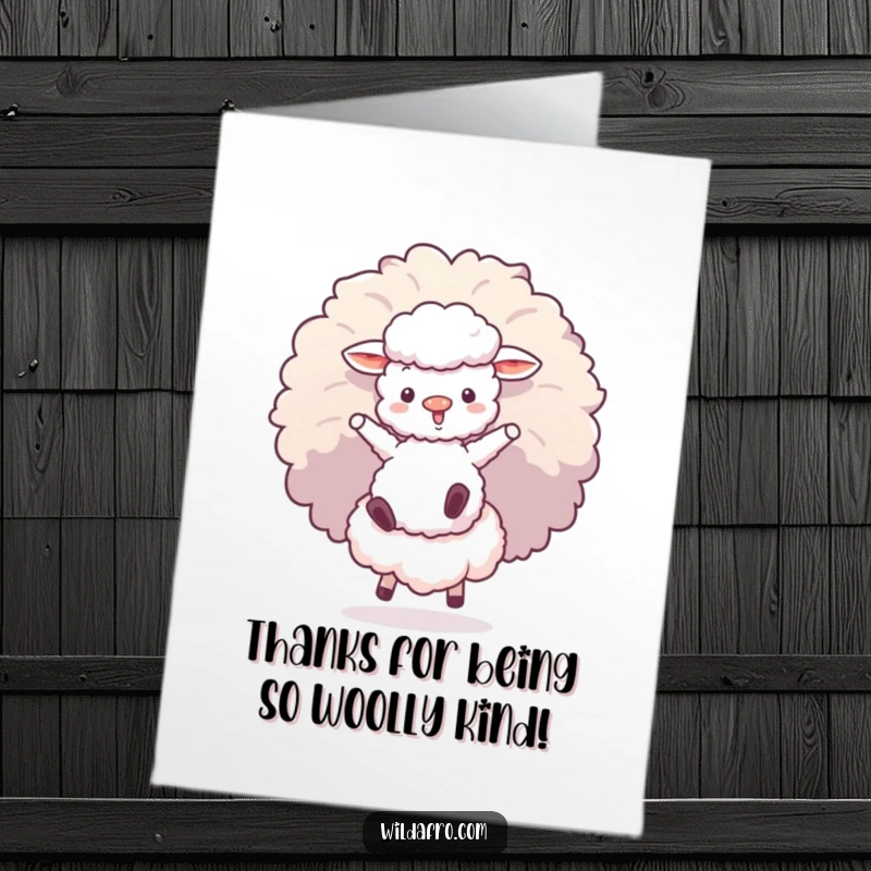 Funny Free Printable Thank You Card: A fluffy sheep character having a blast bouncing on a giant afro puff, a whimsical thank you.
