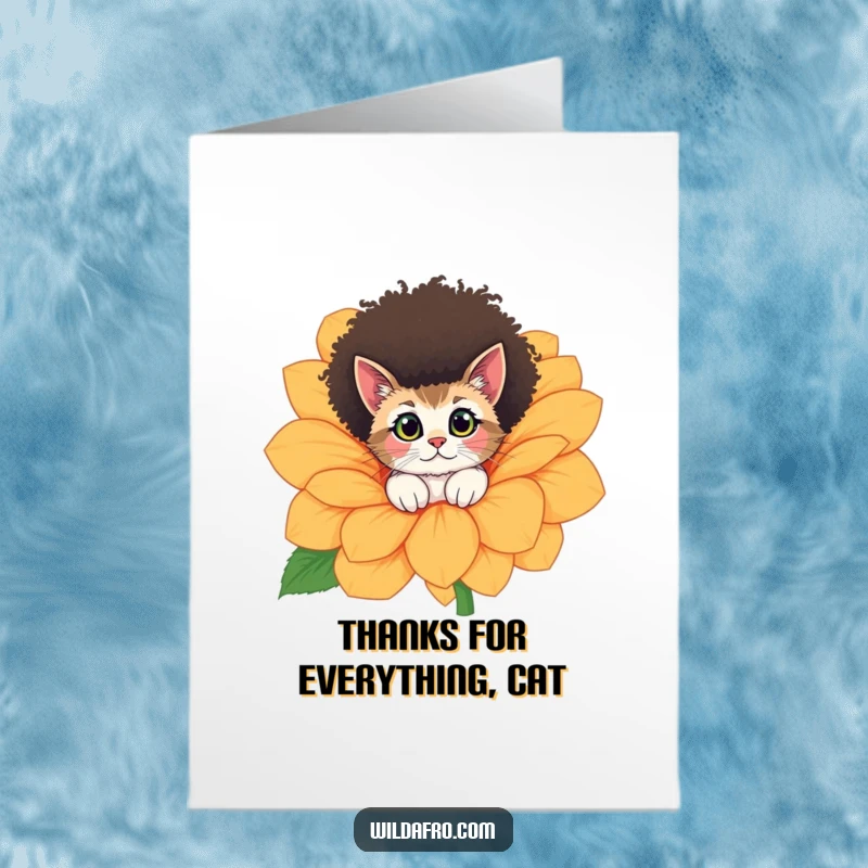 Funny Free Printable Thank You Card: An afro cat with wide, curious eyes peeking out from a large, blooming flower.