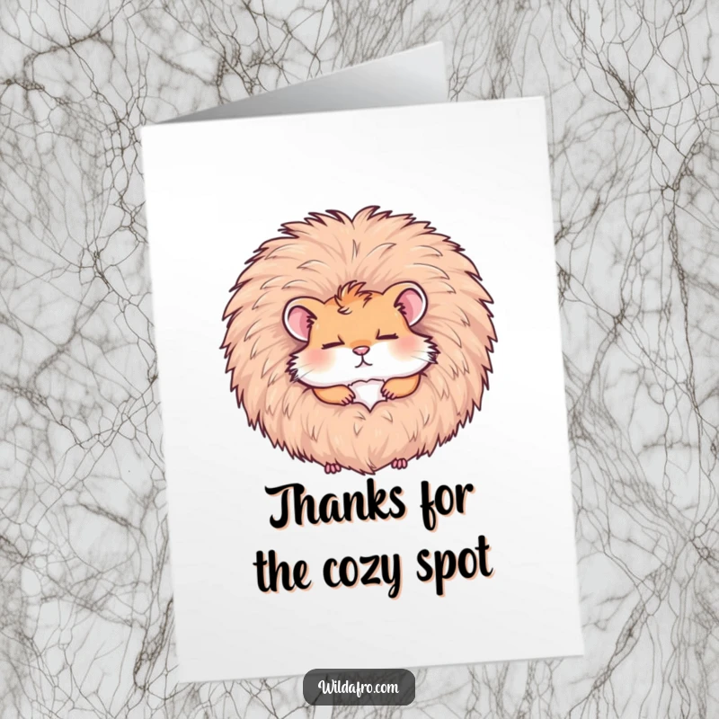 Funny free printable thank you card with a hamster sleeping peacefully inside a large, soft afro.