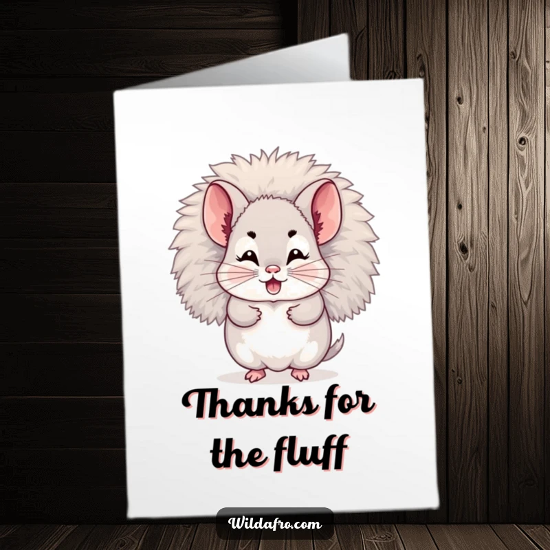 Funny Free Printable Thank You Card: Giggling chinchilla character hiding within its fluffy afro, expressing thanks with adorable charm.