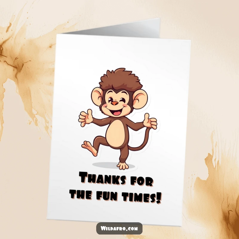 Funny Free Printable Thank You Card featuring an energetic monkey with an afro doing a happy dance.