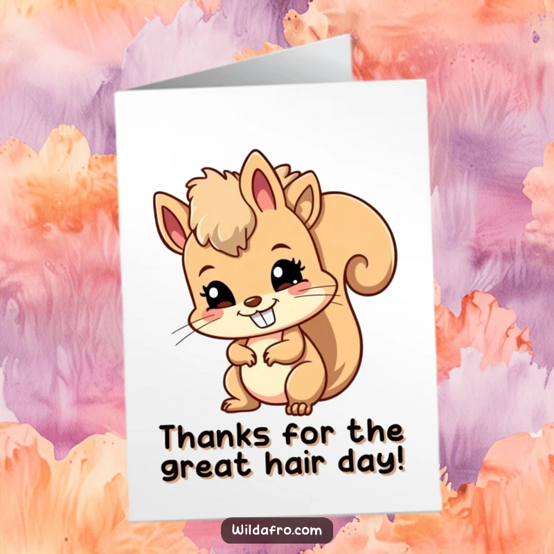Funny Free Printable Thank You Card: A happy squirrel with a big afro wiggles it to show gratitude.