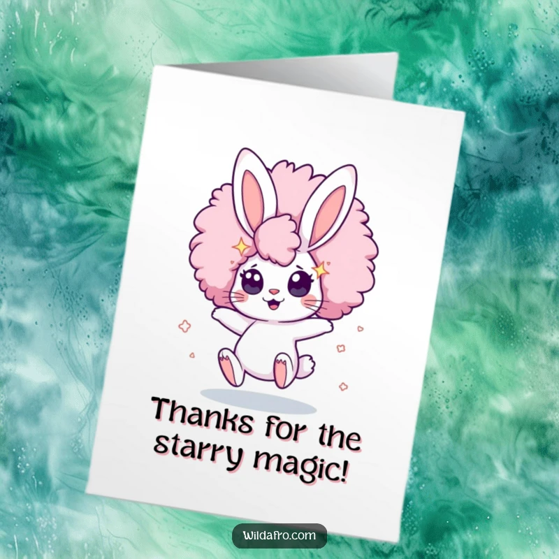Funny Free Printable Thank You Card: Cute bunny bouncing with a huge afro and starry eyes, expressing thanks.