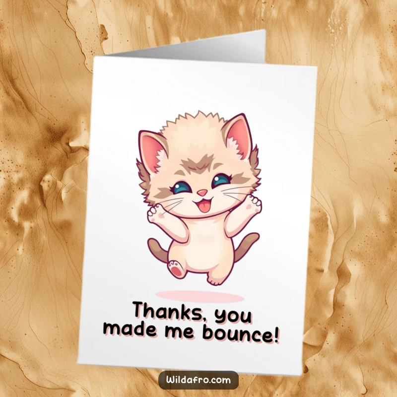 Funny Free Printable Thank You Card: A playful kitten with a round afro bounces joyfully to say thanks.
