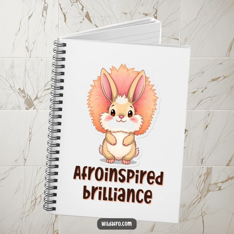 Funny bunny afro notebook featuring a fluffy bunny with a vibrant, towering afro, ideal for journaling groovy thoughts with humor.