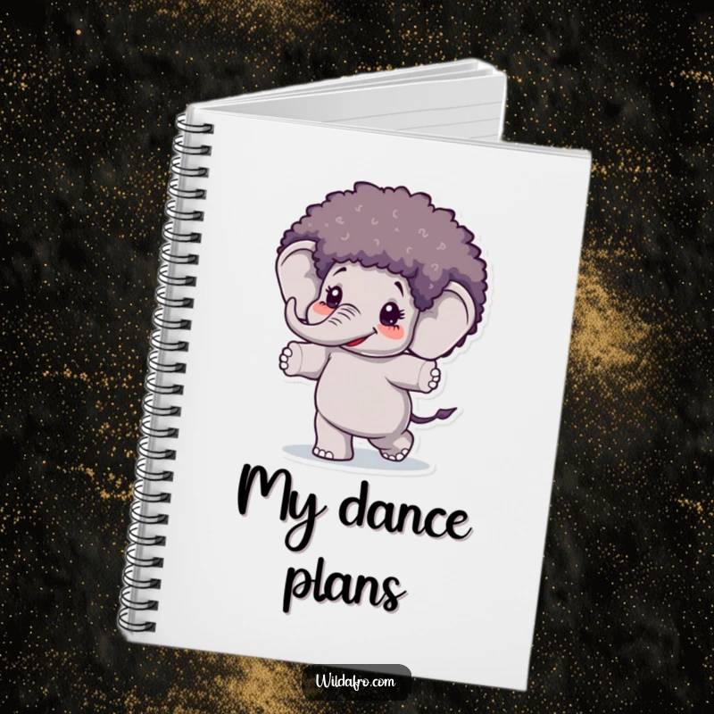 Funny Elephant Afro Wig Notebook with a happy elephant wearing an afro wig and dancing, great for notes and creative ideas.
