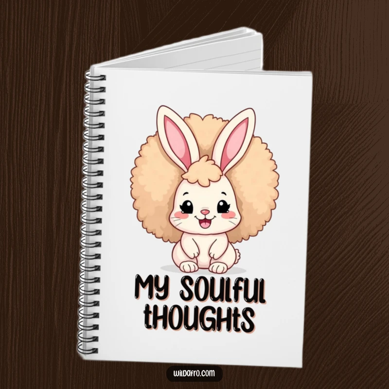Funny Afro Bunny Notebook featuring a cute bunny with a large afro and a broad smile, designed for stylish note-taking.
