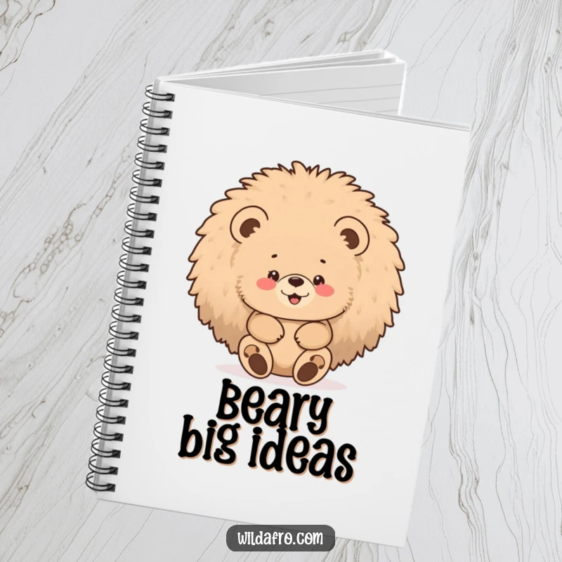 Funny bear afro notebook cover with a chubby bear cub gleefully hiding inside a large, fluffy afro.