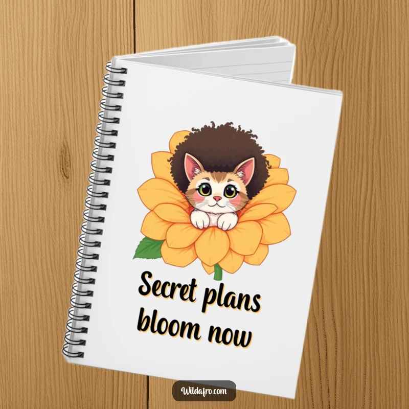 Funny cat with a stylish afro peeking from a giant flower, gracing the cover of a humorous and practical notebook.