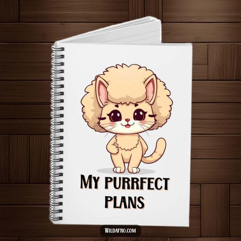Funny cat with a large, fluffy afro on a notebook, exuding 70s coolness and feline confidence, a stylish funny gift.
