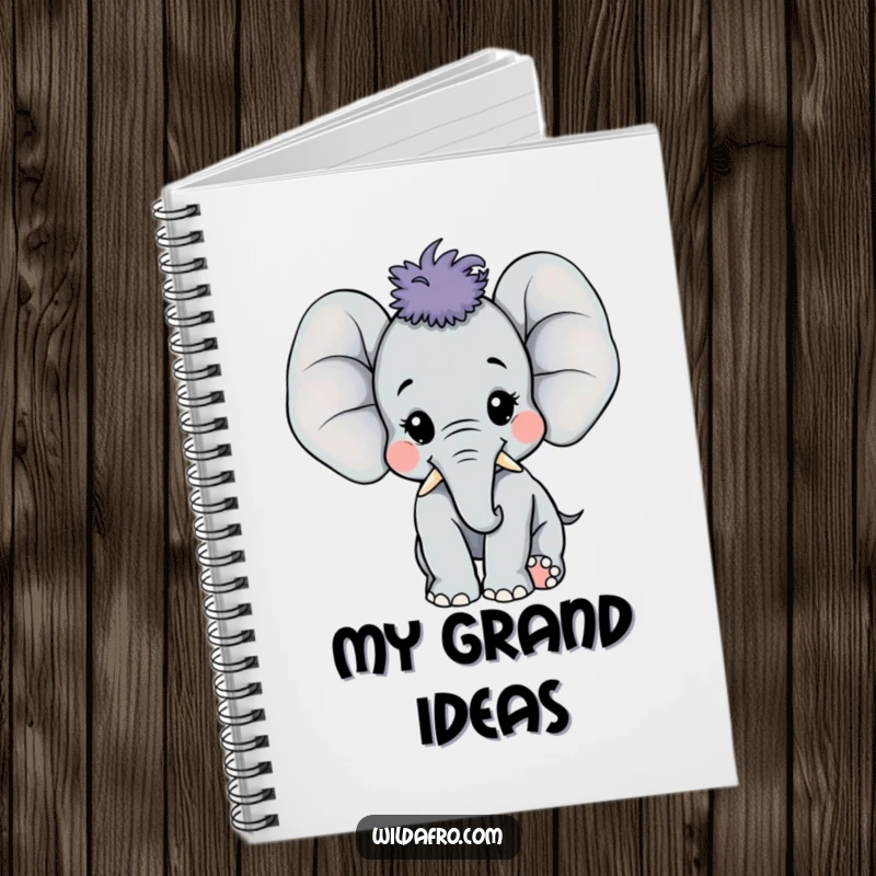 Funny happy elephant calf with a large afro on a notebook, exuding pure joy and enthusiasm, a cute funny gift.