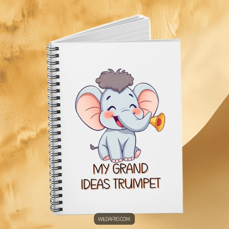 Funny Elephant Notebook w/ Afro, Giggling and Trumpeting Joyfully, Perfect for Notes and Doodles