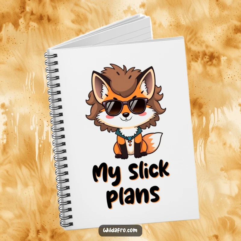 Funny fox notebook, a stylish fox with a voluminous afro and sunglasses, perfect for jotting down cool thoughts.