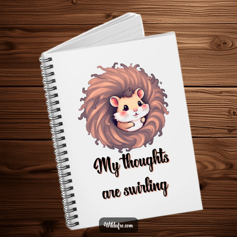 Funny hamster notebook with a curious hamster emerging from a swirling afro hair vortex, ideal for jotting down funny notes.