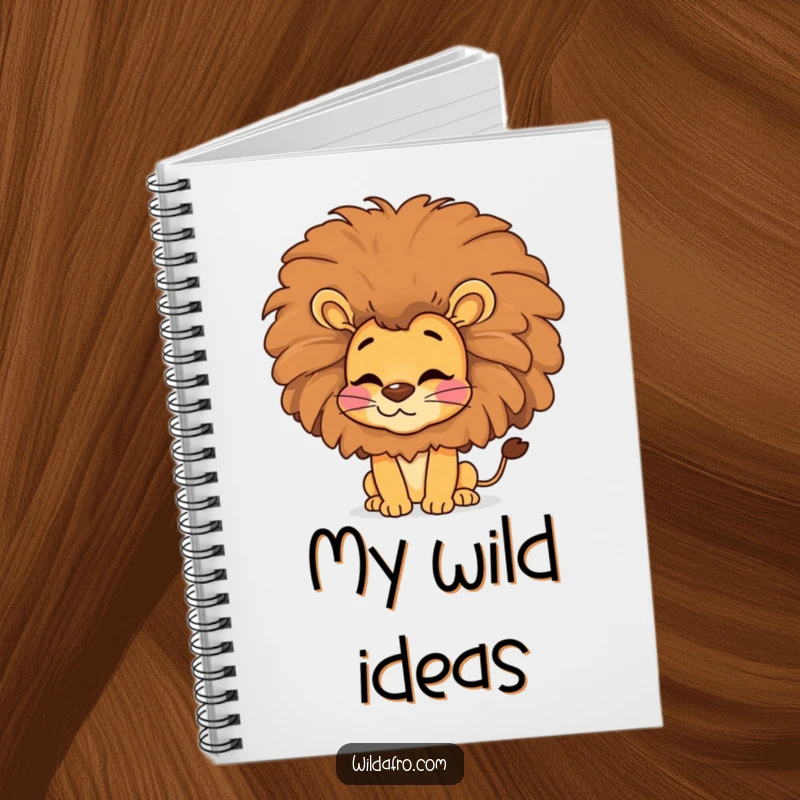 Funny lion notebook, a happy lion with a voluminous afro blowing a kiss, perfect for jotting down groovy thoughts.