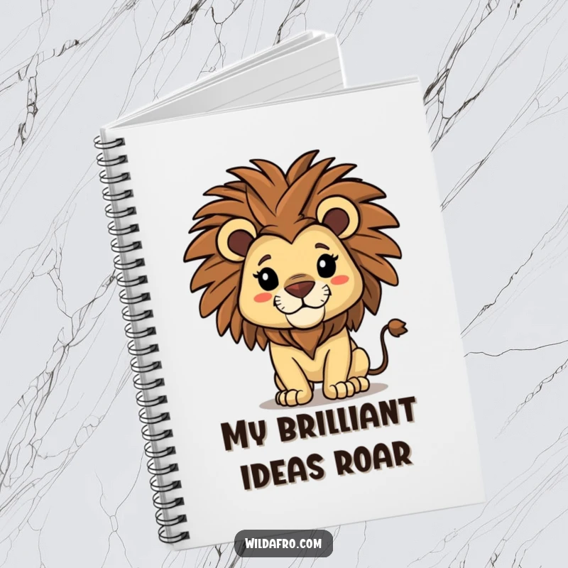 Funny lion notebook with a proud lion character with a majestic afro shaking its mane, perfect for jotting down epic ideas.