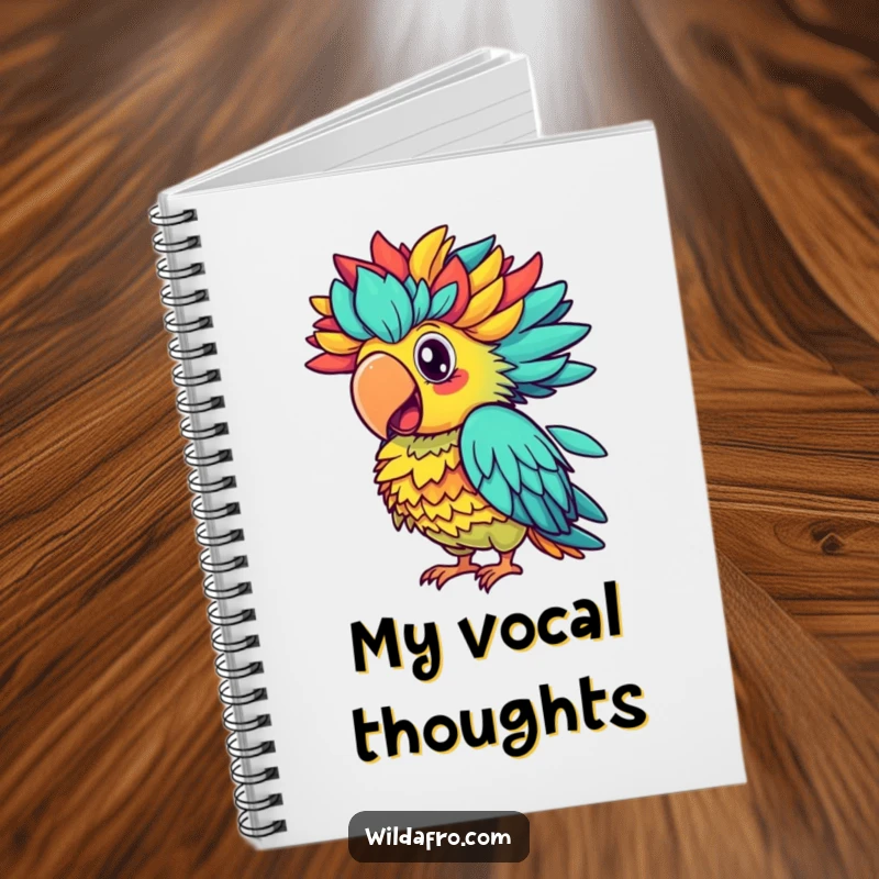 Funny parrot notebook, a proud parrot with a vibrant afro squawking colorfully, perfect for jotting down bright ideas.