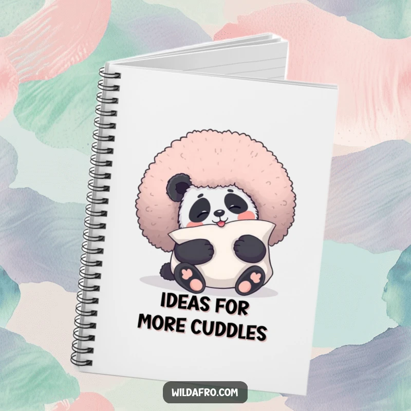 Funny panda notebook with a giggling panda bear hugging a fluffy afro like a pillow, ideal for jotting down funny thoughts.