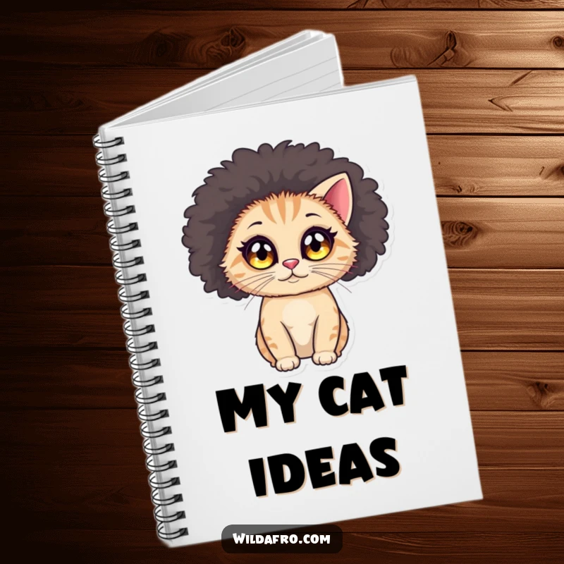 Funny cat afro notebook cover with a small, round cat, large sparkling eyes, wearing a voluminous afro wig.