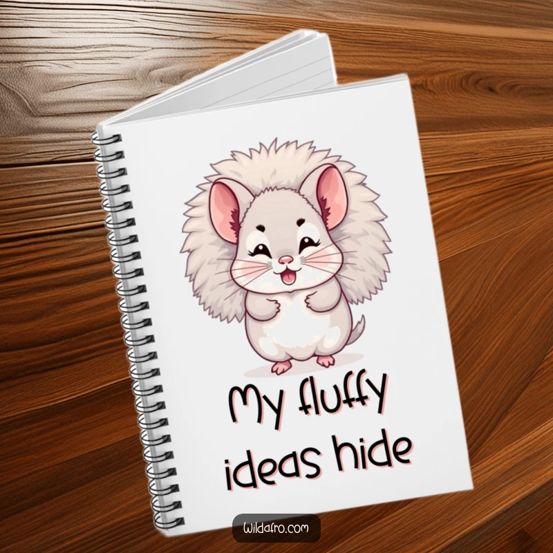 Funny notebook with a giggling chinchilla character hiding within its fluffy afro. Ideal funny gift.