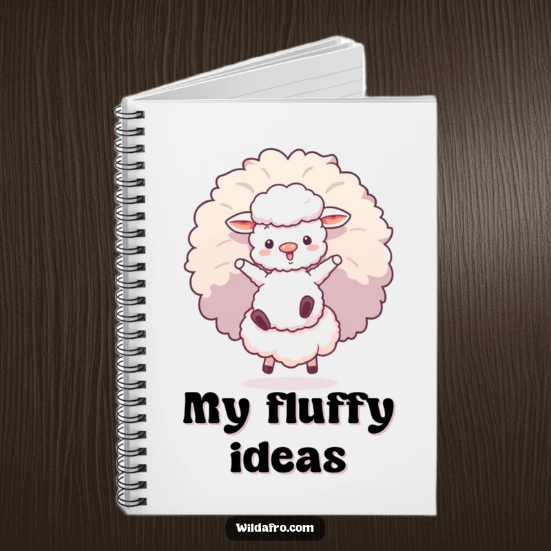 Funny notebook with a fluffy sheep character bouncing on a giant afro puff, ideal for jotting down ideas with humor.