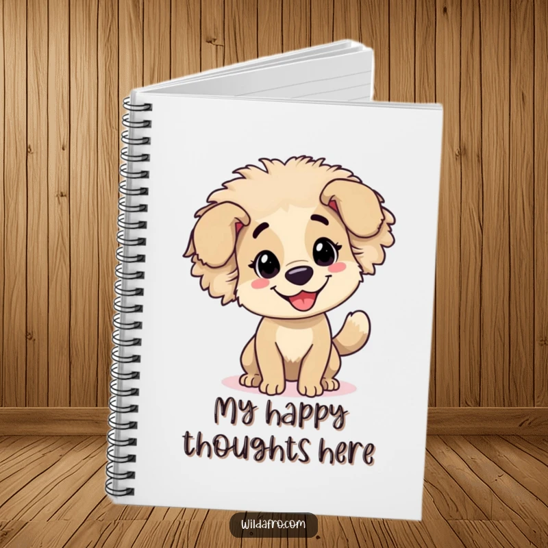 Funny dog with a stylish afro and wagging tail on the cover of a cheerful notebook, ready for writing.