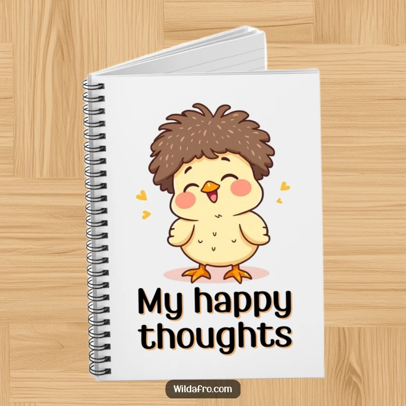 Funny giggling chick with a tiny afro on a notebook, exuding pure joy and adorableness, a cute funny gift.