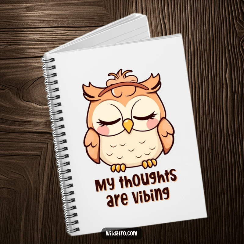 Funny notebook featuring a peaceful owl with eyes closed, wearing a stylish afro headband, perfect for noting down funny thoughts.