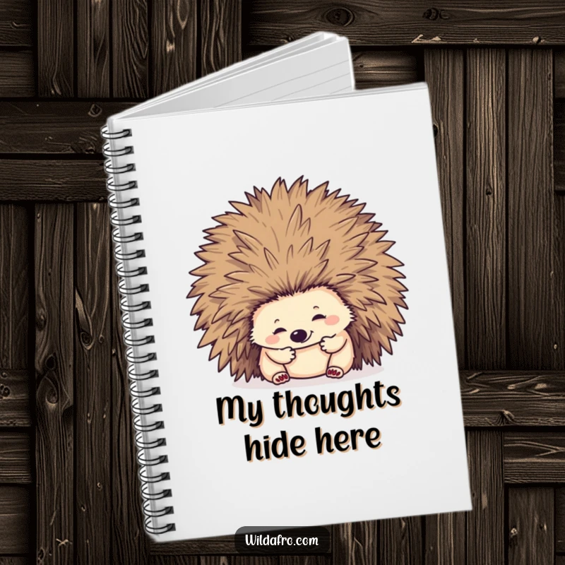 Funny hedgehog peeking out from a voluminous afro hairstyle on the cover of a notebook.